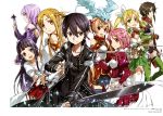  6+girls abec absurdres asuna_(sao) black_eyes black_gloves black_hair black_legwear black_shorts black_skirt blonde_hair brown_eyes brown_hair dragon_on_head fingerless_gloves gloves green_eyes green_legwear green_skirt hair_ribbon highres holding_sword holding_weapon kirito lisbeth long_hair looking_at_viewer multiple_girls navel open_mouth philia_(sao) pina_(sao) pink_hair pleated_skirt ponytail purple_hair red_eyes red_ribbon red_skirt ribbon shinon_(sao:hf) short_hair short_shorts short_twintails shorts silica skirt smile sword sword_art_online thigh-highs twintails weapon white_legwear yui_(sao) 