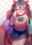  1girl adjusting_glasses amana_raika armchair black_hair blur bow bowtie box candy chair checkered collared_shirt depth_of_field food food_in_mouth frilled_pillow glasses hair_between_eyes hair_bow heart_ring jewelry lollipop long_sleeves love_live!_school_idol_project miniskirt mouth_hold pillow pleated_skirt pocky red-framed_glasses red_eyes ring school_uniform shirt sitting skirt solo striped striped_bowtie sweater twintails yazawa_nico 