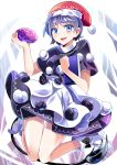  1girl black_dress blob blue_eyes blue_hair book doremy_sweet dress e.o. hat highres looking_at_viewer multicolored_dress nightcap open_mouth pom_pom_(clothes) smile solo tail touhou white_dress 
