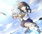 1girl blue_sky brown_eyes brown_hair cannon clouds dutch_angle explosion fubuki_(kantai_collection) kantai_collection kneehighs machinery open_mouth outstretched_arms outstretched_hand popomu school_uniform serafuku skirt sky smile solo tagme turret 