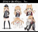  1girl alternate_costume anchor_hair_ornament blonde_hair hair_ornament hat kantai_collection long_hair military military_uniform prinz_eugen_(kantai_collection) rensouhou-chan solo thigh-highs translation_request twintails uniform younger zero_(miraichizu) 