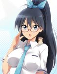  1girl adjusting_glasses bespectacled black_hair breasts covered_nipples ganaha_hibiki glasses hamster hamuzou highres idolmaster impossible_clothes kaiga long_hair necktie ponytail solo 