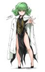  1girl 2015 artist_name bare_legs black_dress commentary cosplay curly_hair dated dress flat_chest frown fubuki_(onepunch_man) fubuki_(onepunch_man)_(cosplay) full_body fur_coat green_eyes green_hair highres jacket_on_shoulders jewelry necklace onepunch_man outstretched_arm short_hair side_slit signature sketch solo standing tachibana_roku tatsumaki tiptoes white_background 