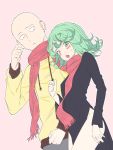  1boy 1girl bald blush casual dress green_eyes green_hair onepunch_man saitama_(onepunch_man) scarf tatsumaki 