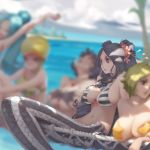  5girls b.bor beach bikini_top black_eyes blonde_hair blue_hair blurry breasts camie cleavage clouds depth_of_field flower green_hair hair_flower hair_ornament hat highres ishilly jewelry long_hair mermaid miss_valentine monster_girl multiple_girls navel necklace nefertari_vivi ocean one_piece shakuyaku_(one_piece) short_hair sideboob sitting solo_focus starfish striped tree tree_shade 