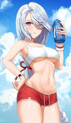  1girl absurdres blue_eyes blue_sky bottle braid braided_ponytail breasts clouds cowboy_shot drawstring english_commentary exercise eyes_visible_through_hair genshin_impact gym_uniform hair_over_one_eye hand_on_hip highres holding holding_bottle large_breasts long_hair looking_at_viewer matmaj midriff navel parted_lips shenhe_(genshin_impact) short_shorts shorts silver_hair sky solo sports_bra under_boob very_long_hair watch watch water_bottle wristband 