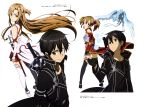  1boy 2girls absurdres adachi_shingo asuna_(sao) black_eyes black_gloves black_legwear black_skirt brown_eyes brown_hair detached_sleeves dragon fingerless_gloves gloves highres kirito long_hair looking_at_viewer multiple_girls pina_(sao) pleated_skirt red_eyes red_skirt silica simple_background skirt smile thigh-highs very_long_hair white_background white_legwear 