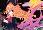  1girl artist_name beni_shake black_dress blonde_hair chinese_clothes clouds dress energy fox_tail full_moon hat junko_(touhou) long_hair long_sleeves looking_at_viewer moon multiple_tails red_eyes ribbon sash solo tabard tail touhou very_long_hair wide_sleeves 