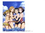  4girls absurdres armpits asuna_(sao) bikini black_eyes black_hair breasts brown_eyes brown_hair cleavage front-tie_bikini front-tie_top hair_ornament highres kirigaya_suguha lisbeth long_hair looking_at_viewer multiple_girls navel open_mouth outdoors school_swimsuit short_hair silica sky smile striped striped_bikini striped_swimsuit swimsuit sword_art_online watanabe_keisuke water 