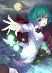  1girl antennae blue_eyes cape chestnut_mouth dutch_angle from_behind full_moon green_hair long_sleeves looking_at_viewer looking_back moon open_mouth outstretched_arm pants shirt short_hair socks solo topia touhou white_legwear wriggle_nightbug 