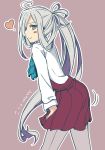  1girl :3 ahoge asashimo_(kantai_collection) blush bowtie from_side grey_eyes grey_hair hair_over_one_eye heart kantai_collection leaning leaning_forward long_hair long_sleeves looking_at_viewer moti_coi multicolored_hair pantyhose ponytail purple_hair purple_legwear school_uniform simple_background skirt solo 