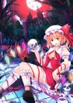  1girl :d ankle_cuffs ascot blonde_hair cross cup fence flandre_scarlet full_moon hat hat_ribbon jianren looking_at_viewer moon multicolored_wings open_mouth outdoors red_eyes red_moon ribbon scarlet_devil_mansion short_hair side_ponytail sitting skull smile solo stuffed_animal stuffed_toy teacup teddy_bear thorns touhou tree vines wings 