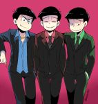  3boys black_hair bowl_cut brothers choromatsu cigarette closed_eyes cowboy_shot formal gold_chain hand_in_pocket hands_in_pockets karamatsu light_smile mone_(14ri0000) multiple_boys osomatsu-kun osomatsu-san osomatsu_(osomatsu-kun) pink_background popped_collar shaded_face siblings simple_background smirk suit twitter_username 