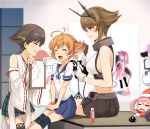  6+girls :&lt; :3 ahoge aoba_(kantai_collection) artist_self-insert bandaid bandaid_on_face breasts brown_eyes brown_hair chibi crab darkmaya detached_sleeves failure_penguin gloves grin hair_bobbles hair_brush hair_brushing hair_dryer hair_ornament hairband hat headgear hiei_(kantai_collection) kantai_collection kawakaze_(kantai_collection) large_breasts mirror multiple_girls mutsu_(kantai_collection) nontraditional_miko oboro_(kantai_collection) open_mouth orange_hair pink_hair purple_hair redhead santa_hat sazanami_(kantai_collection) short_hair sitting smile snowman tears thigh-highs twintails ushio_(kantai_collection) wide_sleeves 