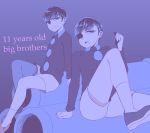  2boys bangs brothers child engrish highres karamatsu male_focus matching_outfit multiple_boys open_mouth osomatsu-kun osomatsu_(osomatsu-kun) pipes purple_background ranguage shorts siblings simple_background sitting smile swept_bangs 