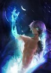  1boy blue_eyes cyborg feathers goditsuka highres mechanical_arm original purple_hair signature solo 