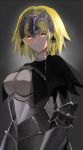  1girl absurdres armor blonde_hair breasts chain fate/grand_order fate/stay_night fate_(series) grey_background headdress hei_tong_shi highres jeanne_alter large_breasts ruler_(fate/apocrypha) short_hair simple_background solo yellow_eyes 