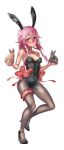  1girl animal animal_ears bare_shoulders blush bowtie breasts bunny_girl bunnysuit cleavage detached_collar fishnets guilty_crown hair_ornament hairclip long_hair mascot_(4chan) pantyhose pink_hair rabbit rabbit_ears red_eyes solo twintails yuzuriha_inori 