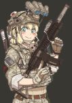  1girl :&gt; assault_rifle belt blonde_hair bulletproof_vest camouflage digital_camouflage emblem eotech gloves green_eyes gun heckler_&amp;_koch helmet hk416 laser_sight night_vision_device operator original plate_carrier rifle shino_(r_shughart) sleeves_rolled_up solo suppressor trigger_discipline vertical_foregrip weapon 