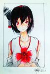  1girl black_hair death detached_sleeves flower hair_ornament headband japanese_clothes kantai_collection looking_at_viewer red_eyes remodel_(kantai_collection) short_hair sketch solo war white_background yamashiro_(kantai_collection) 