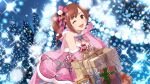  1girl ;d artist_request bare_shoulders bow box breasts brooch brown_eyes brown_hair cape chin_rest christmas christmas_ornaments cleavage dress elbow_gloves frills fur fur_collar fur_trim gift gift_box gloves hair_ornament hair_ribbon highres holly idolmaster idolmaster_cinderella_girls idolmaster_cinderella_girls_starlight_stage igarashi_kyouko jewelry jpeg_artifacts light_particles lights long_hair looking_at_viewer miniskirt official_art one_eye_closed open_mouth pendant pink_gloves pink_ribbon pink_skirt ponytail red_ribbon ribbon short_dress side_ponytail skirt sleeveless smile snowflakes solo sparkle 