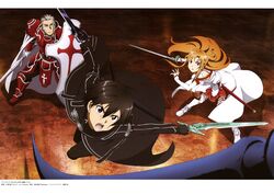  absurdres armor armored_boots asuna_(sao) black_eyes black_hair brown_eyes dual_wielding heathcliff highres holding_sword holding_weapon kirito long_hair open_mouth pleated_skirt rapier red_skirt shield short_hair silver_hair skirt spaulders sword sword_art_online weapon yonezawa_masaru 