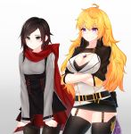  2girls ahoge bangs belt belt_pouch black_gloves black_hair black_legwear blonde_hair blush breast_hold breasts buckle cleavage clenched_hands closed_mouth cowboy_shot cross-laced_clothes crossed_arms fingerless_gloves garter_straps gloves gradient gradient_background gradient_hair grey_eyes hair_between_eyes highres hooded_cloak jewelry long_hair long_sleeves multicolored_hair multiple_belts multiple_girls narynn pantyhose pendant redhead ruby_rose rwby shiny shiny_clothes shiny_skin short_hair siblings sisters swept_bangs tearing_up tears thigh-highs underbust violet_eyes wavy_hair yang_xiao_long 