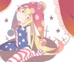  1girl aki_maki_yuu american_flag_legwear american_flag_shirt blonde_hair clownpiece constricted_pupils crazy_eyes curtains error full_body hat jester_cap long_hair looking_at_viewer pantyhose print_legwear red_eyes shaded_face sitting sleeveless smile solo star striped touhou white_background wrong_feet 