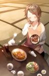  1girl ayatoki-1 brown_hair chopsticks eating food fujishima-san_no_shinya_gohan hair_ornament hairclip highres official_art rice_bowl salad solo 