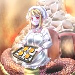 1girl apron croissant food lamia looking_at_viewer monster_girl original oven pointy_ears scales solo 