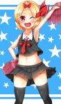  1girl armpits black_legwear blonde_hair bow cheerleader fang hair_bow hair_ornament hair_ribbon hairpin hand_on_hip highres navel one_eye_closed open_mouth pom_poms red_eyes ribbon rumia solo star sweat tokoya touhou 