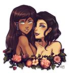  2girls asami_sato avatar:_the_last_airbender black_hair blue_eyes blush breasts brown_hair censored cleavage collarbone couple dark_skin eyeshadow flower green_eyes hair_ornament hair_tubes hairclip iahfy korra lipstick long_hair makeup multiple_girls novelty_censor nude short_hair sidelocks the_legend_of_korra upper_body yuri 