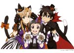  1boy 2girls absurdres animal_ears asuna_(sao) black_eyes black_gloves black_hair brown_eyes brown_hair cat_ears cat_tail gloves hat highres kawatsuma_tomomi kirito long_hair mini_hat multiple_girls open_mouth short_hair simple_background sword_art_online tail vampire_costume white_background witch_hat yui_(sao) 