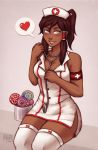  1girl armband avatar:_the_last_airbender blue_eyes breasts brown_hair candy cleavage commentary contemporary dark_skin dress hair_tubes hat heart high_ponytail iahfy korra lollipop long_hair nurse nurse_cap revision short_dress side_slit sidelocks sitting sleeveless sleeveless_dress smile solo spoken_heart stethoscope swirl_lollipop the_legend_of_korra thigh-highs white_legwear zettai_ryouiki 