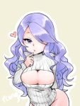  1girl bangs beige_background bottomless breasts camilla_(fire_emblem_if) cleavage cleavage_cutout finger_to_mouth fire_emblem fire_emblem_if hair_over_one_eye heart large_breasts long_hair looking_at_viewer open-chest_sweater purple_hair simple_background solo sweater swept_bangs tcong tsurime violet_eyes wavy_hair 