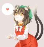  1girl animal_ears brown_hair cat_ears cat_tail chen dress hat heart jewelry koi_y lavender_background long_sleeves looking_up mob_cap multiple_tails red_dress ribbon short_hair simple_background single_earring smile solo tail touhou turtleneck upper_body yellow_eyes 