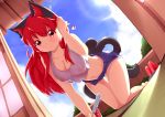  1girl ? all_fours animal_ears blue_sky blush breasts cat_ears cat_tail cleavage clouds collarbone contemporary covered_nipples crop_top extra_ears food fruit kaenbyou_rin large_breasts long_hair midriff multiple_tails navel open_door pointy_ears popsicle psychopath_idiot red_eyes redhead see-through shirt short_shorts shorts sky solo sweat tail tatami touhou two_tails watermelon wet wet_clothes wet_shirt 