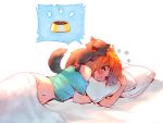  &gt;_&lt; 1girl :3 :d aqua_shirt artist_name bare_shoulders bed_sheet blanket bottomless brown_fur cat cat_food closed_eyes food food_bowl freckles groin lying midriff nakanoart navel off_shoulder on_bed on_person open_mouth original parted_lips pillow red_eyes redhead shirt short_sleeves simple_background smile speech_bubble spoken_food stomach white_background 