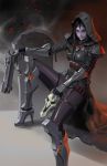  1girl genderswap gun high_heels highres hood li_moly mask overwatch purple_skin reaper_(overwatch) solo weapon 