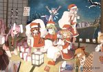  6+girls alice_margatroid animal_ears bag blazer blonde_hair blue_dress blue_hair boots brown_eyes brown_hair christmas cirno closed_eyes copyright dress forest frog_hair_ornament green_eyes green_hair hair_ornament hakurei_reimu hat ibuki_suika ice ice_wings izayoi_sakuya kirisame_marisa kneeling kochiya_sanae kotatsu long_hair long_sleeves mieharu multiple_girls nature necktie oni_horns open_door open_mouth outstretched_arms pink_hair rabbit_ears red_eyes reisen_udongein_inaba santa_boots santa_costume santa_hat shameimaru_aya shirt short_hair sign silver_hair sitting skirt sled sleeping smile snake_hair_ornament snowing table tatami tokin_hat touhou under_kotatsu under_table very_long_hair wings 