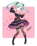  1girl aoi_tsunami boots bra butterfly_hair_ornament garter_straps green_eyes green_hair grin hair_ornament hatsune_miku highres knee_boots long_hair nail_polish pigeon-toed pose project_diva project_diva_f skirt smile solo standing sweet_devil_(vocaloid) thigh-highs twintails underwear vocaloid 