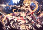  1girl armlet armor armored_dress arrow bare_shoulders blonde_hair blood bow_(weapon) elf garter_straps green_eyes highres injury jianren long_hair navel open_mouth original pointy_ears ponytail quiver red_skirt skirt slashing solo sword tsurime vambraces very_long_hair weapon 