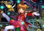  1girl bare_shoulders blush brown_hair calendar cape cardcaptor_sakura december detached_sleeves dress fuuin_no_tsue gloves green_eyes hat highres kero kinomoto_sakura looking_at_viewer magical_girl mutsuki_(moonknives) night night_sky open_mouth outstretched_arms party_hat scenery short_hair sky smile snow solo spread_arms 