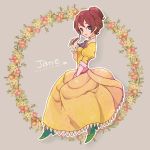  1girl blue_eyes blush brown_hair disney dress eyelashes flower gloves grey_background hair_bun jane_porter pen simple_background solo srmrms tarzan 