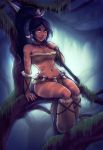 1girl arm_warmers bangs bare_shoulders breasts cleavage earrings facial_mark forehead_jewel full_body iahfy in_tree jewelry jungle league_of_legends leg_warmers loincloth long_hair midriff nature navel nidalee parted_bangs polearm ponytail sitting sitting_in_tree slender_waist smile solo spear strapless tooth_necklace tree tribal tubetop very_long_hair weapon yellow_eyes 