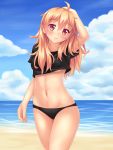  1girl ahoge arm_up artist_self-insert beach bikini_bottom black_bikini_bottom black_shirt blonde_hair blue_sky blush breasts cowboy_shot crop_top fast-runner-2024 hair_between_eyes hand_behind_head head_tilt highres horizon long_hair midriff navel no_bra no_pants ocean original parted_lips red_eyes shirt short_sleeves sky smile solo stomach t-shirt tiffy underboob very_long_hair water 