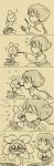  5koma androgynous blush closed_eyes comic devicho flower flowey_(undertale) frisk_(undertale) full-face_blush heart highres kiss monochrome pocky pocky_kiss shared_food striped striped_sweater sweater sweating_profusely tagme tears undertale 