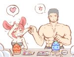  1boy 1girl abs ahoge anger_vein animal_ears black_hair blush breasts bunny_girl cheek_pinching cleavage closed_eyes easter_egg egg greenteaneko heart highres nora_(greenteaneko) original painting pinching rabbit_ears redhead shirtless short_hair spoken_anger_vein spoken_heart trembling 