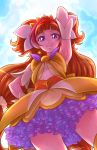  1girl amanogawa_kirara arm_up armpits brown_hair chocokin cure_twinkle dress earrings frills go!_princess_precure jewelry magical_girl precure showing_armpits smile solo tiara violet_eyes 