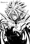  1boy alien cyclops lord_boros male_focus monochrome one-eyed onepunch_man parted_lips pointy_ears shake-o sharp_teeth solo spiky_hair twitter_username upper_body 